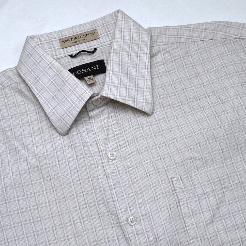 Cosani Mens Grid Plaid Long Sleeve Button Down Shirt Size 16 34-35 Tan Cream